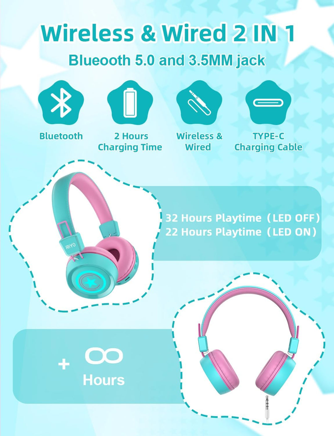 riyo Bluetooth Kopfhörer Kinder, Kinderkopfhörer Kabellos mit LED-Leuchten Bluetooth 5.0 Kinder Kopf