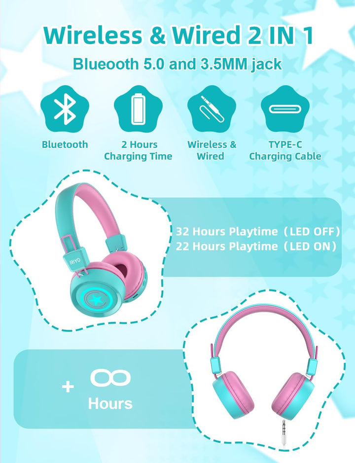 riyo Bluetooth Kopfhörer Kinder, Kinderkopfhörer Kabellos mit LED-Leuchten Bluetooth 5.0 Kinder Kopf
