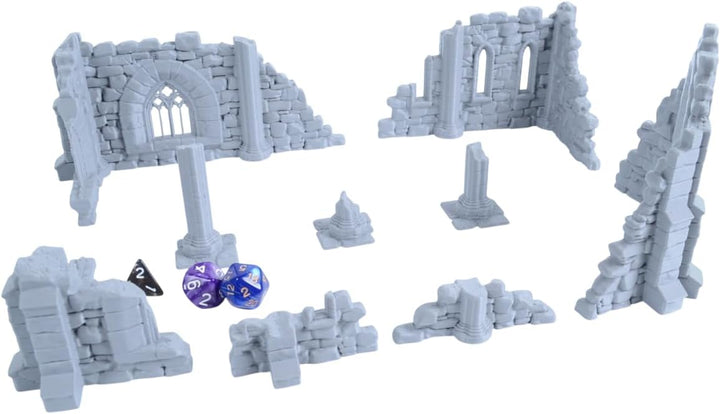 9er Set Klosterruinen für Tabletop – 28mm &amp; 32mm Gelände Gotische Ruinen, 3D-Druck aus PLA-Kunststof