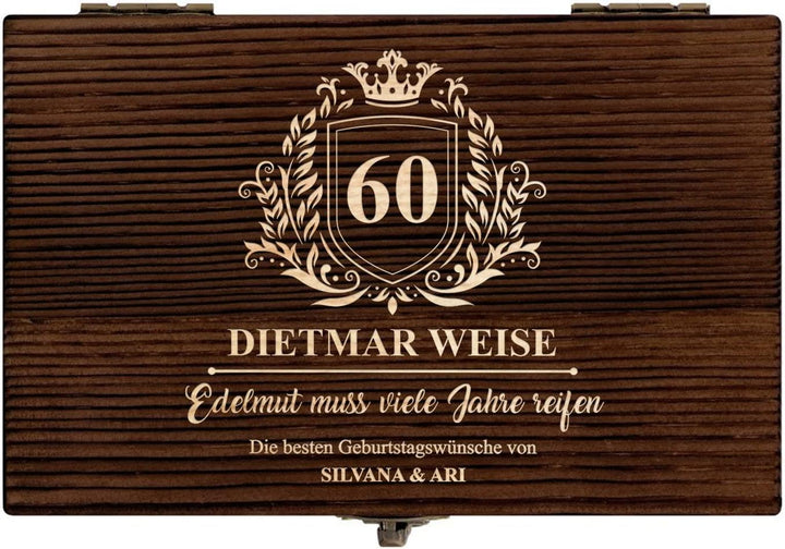 Maverton Whisky Steine Set - in Holzbox - personalisiert - 6 Eiswürfel + Zange + Velourbeutel - Kühl