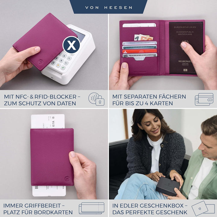 VON HEESEN® Reisepasshülle Leder Etui mit RFID-Schutz - Passhülle Passport Reisepass Mappe Hülle Org