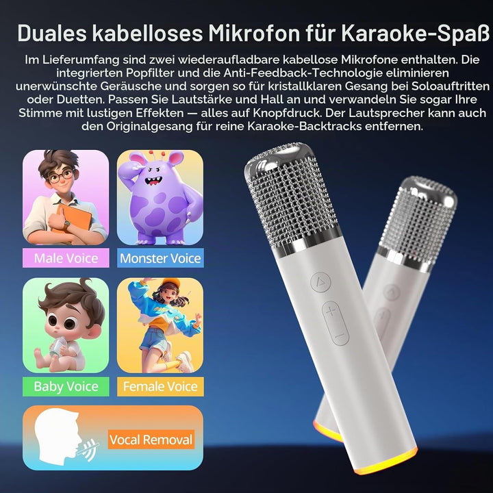 Tragbarer Bluetooth-Karaoke-Lautsprecher mit 2 kabellosen Mikrofonen, RGB-Beleuchtung, Höhen- und Ba