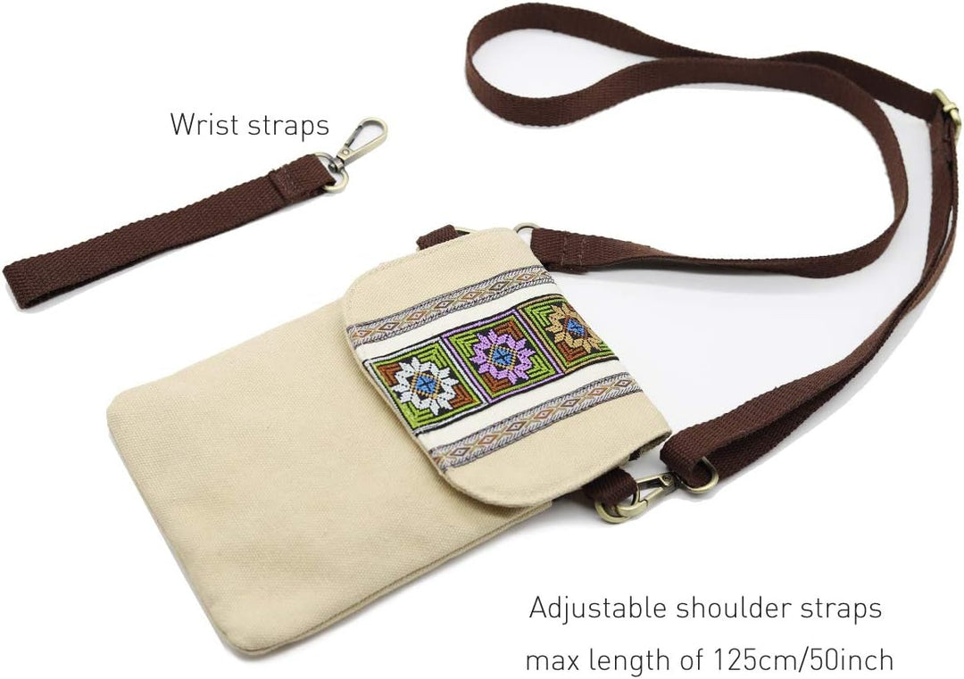 Vintage Embroidered Canvas Small Flip Crossbody Bag Cell Phone Pouch for Women Wristlet Wallet Bag C