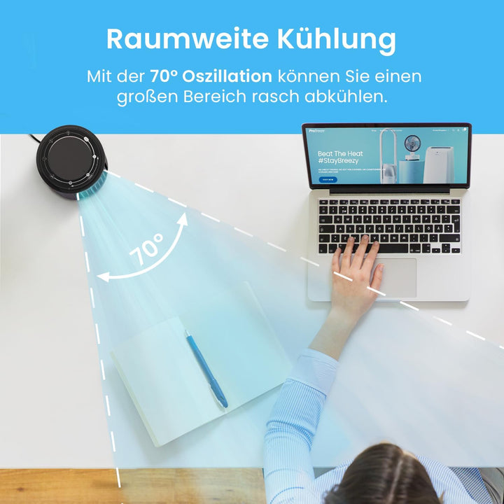 Pro Breeze Mini Tischventilator mit 3 Lüftungsstufen und automatischer 70° Oszillation - Kleiner Tur