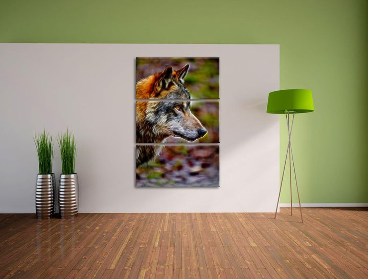 anmutiger Wolf Spezial 3-Teiler Leinwandbild 120x80 Bild auf Leinwand, XXL riesige Bilder fertig ger