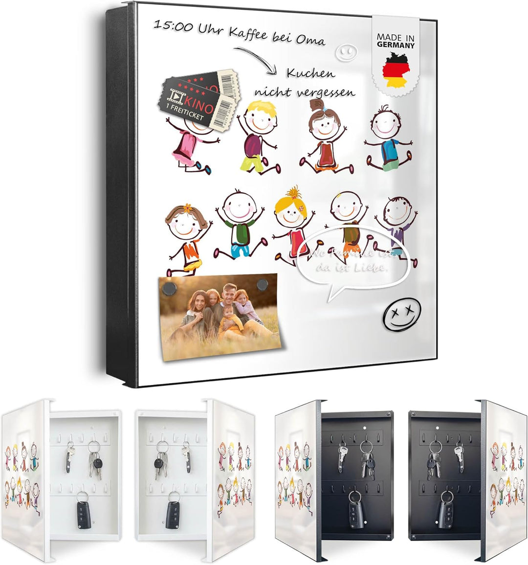 banjado® Grosser Schlüsselkasten Glas/Schlüsselbox 30cm x 30cm mit 50 Haken - Motiv Happy Kids/Schlü