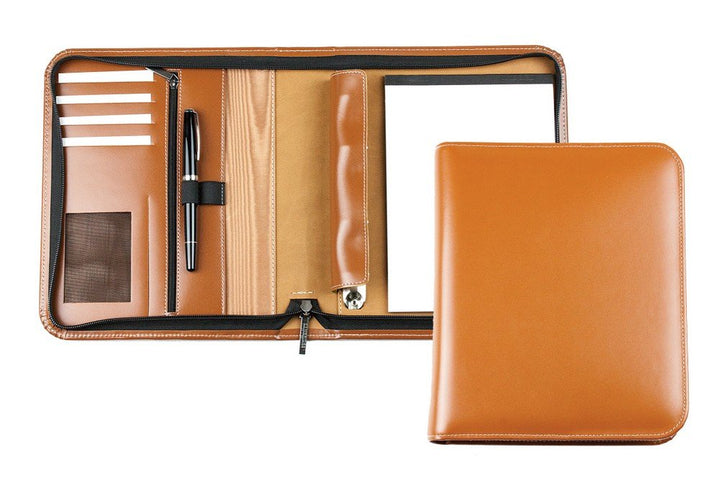 DELMON VARONE - Personalisierbare Ringbuch Schreibmappe DIN A5 aus Cambridge Top Grain Leder braun,