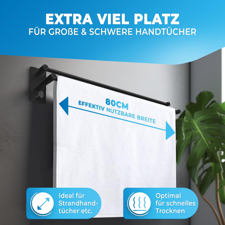 LOBUX® - Handtuchhalter ohne bohren schwarz – 80cm, Edelstahl rostfrei – Handtuchhalter Bad doppelt,