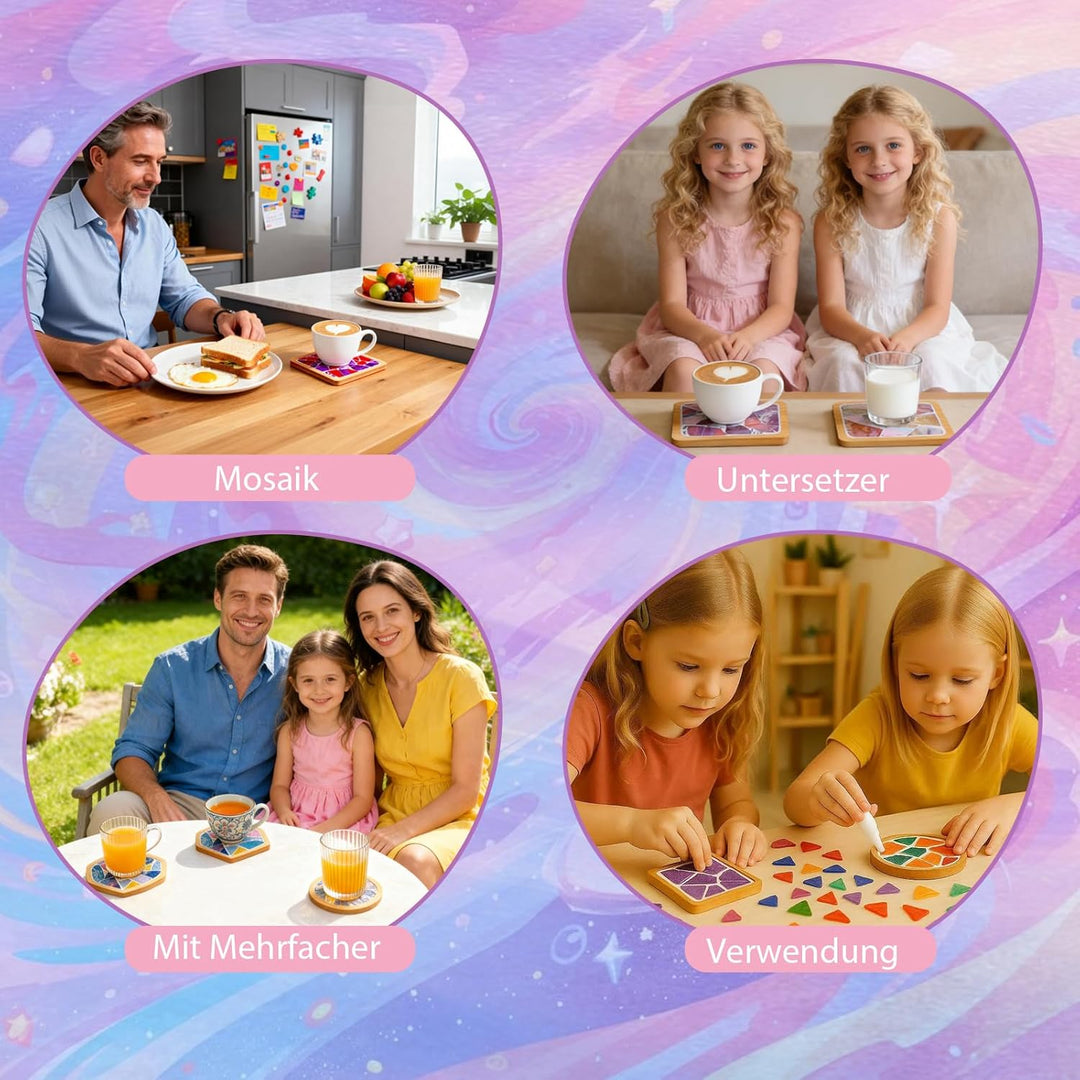 Mosaik Bastelset Kinder,4 Stück Mosaiksteine Zum Basteln und Holz Untersetzer, Mosaik Bastelset DIY
