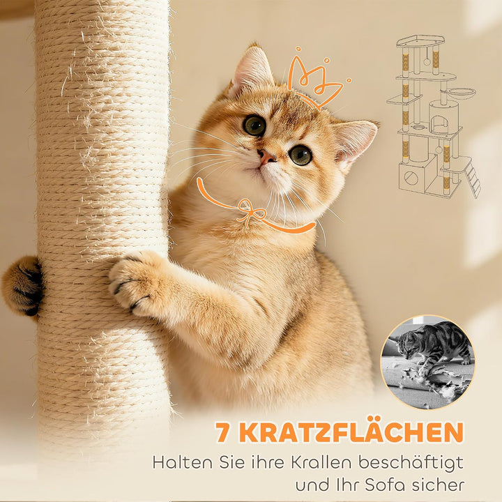 PawHut Kratzbaum 170cm Katzenturm mit Höhle 2 Plüschballen Tunnel Hellgrau | Sisalstämme, Leiter, Pl