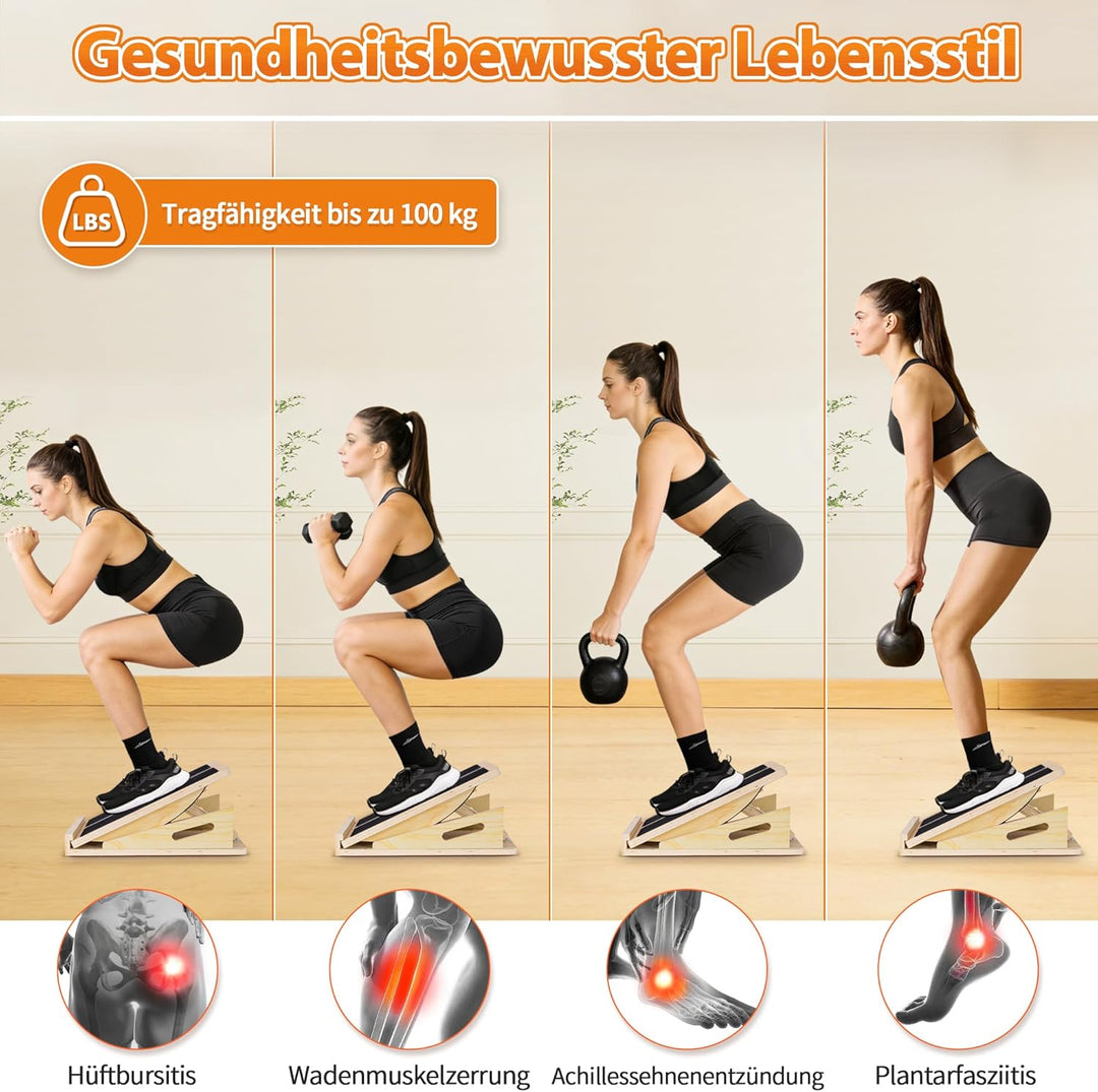 2-in-1 Schrägbrett aus Holz, Verstellbarer Wadenstrecker mit Tragegriff, Mobility Balance Board Slan