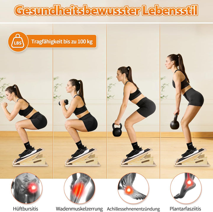 2-in-1 Schrägbrett aus Holz, Verstellbarer Wadenstrecker mit Tragegriff, Mobility Balance Board Slan