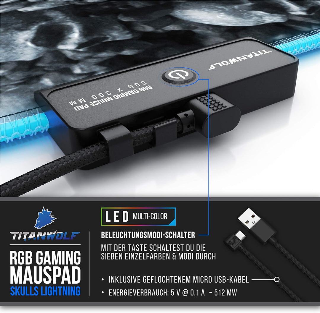 Titanwolf - RGB Gaming Mauspad - XXL LED Schreibtischunterlage - 800x300 mm - Multi Color LED - 11 B