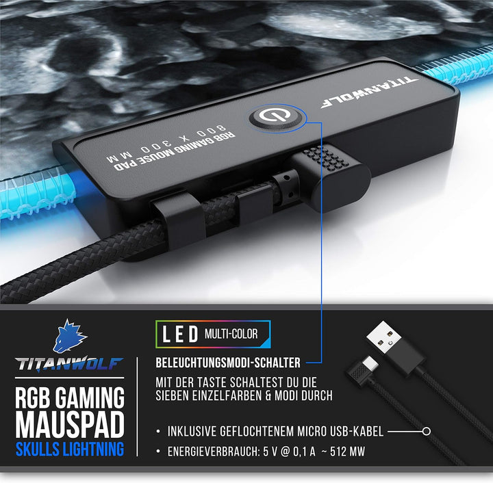 Titanwolf - RGB Gaming Mauspad - XXL LED Schreibtischunterlage - 800x300 mm - Multi Color LED - 11 B