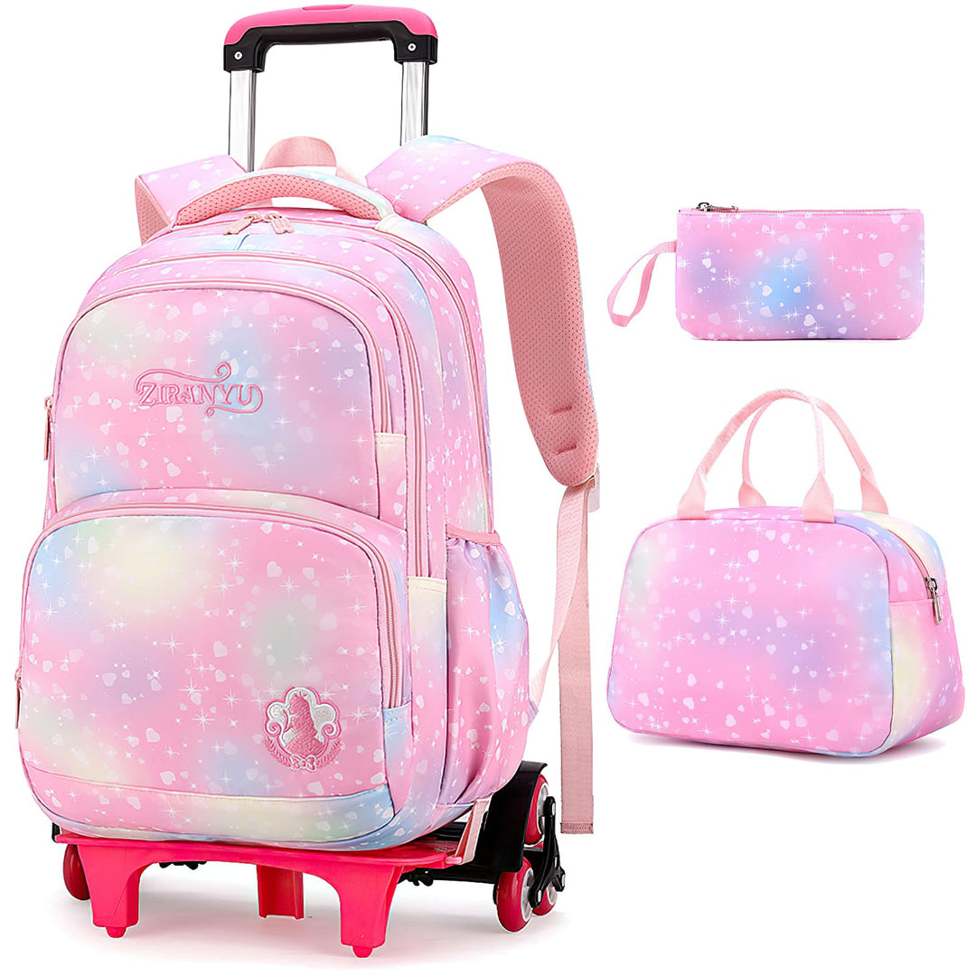 3PCS Schulrucksack Rollen Mädchen Trolley Rucksack mit Rollen Mädchen Teenager Schultasche Grundschu
