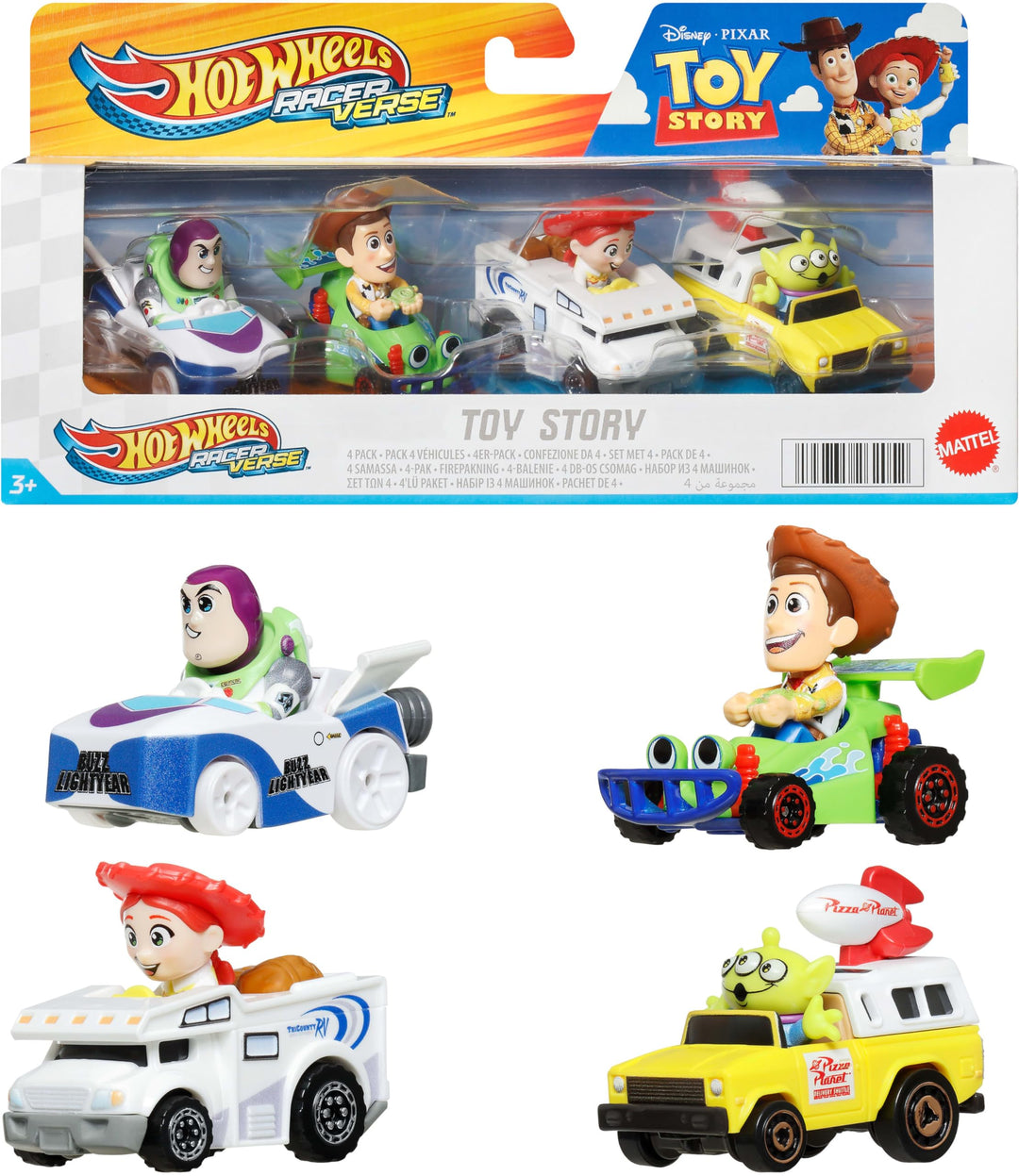 Hot Wheels RacerVerse, Set mit 4 Würfelautos im Massstab 1:64, optimiert für das Fahren auf Strecken