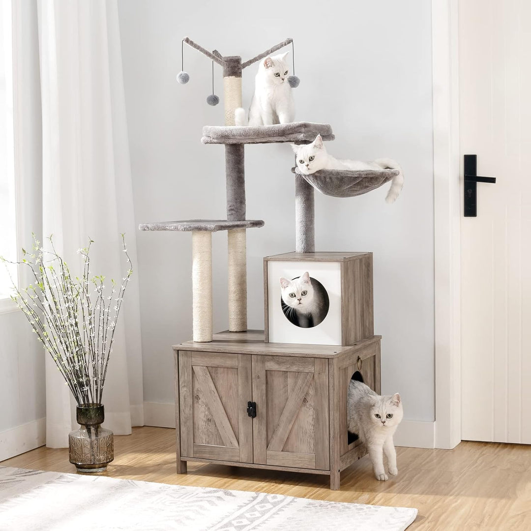 HOOBRO Kratzbaum mit Katzenklo-Schrank, 2-in-1 Katzenbaum, 150 cm, versteckte Katzentoilettenmöbel,