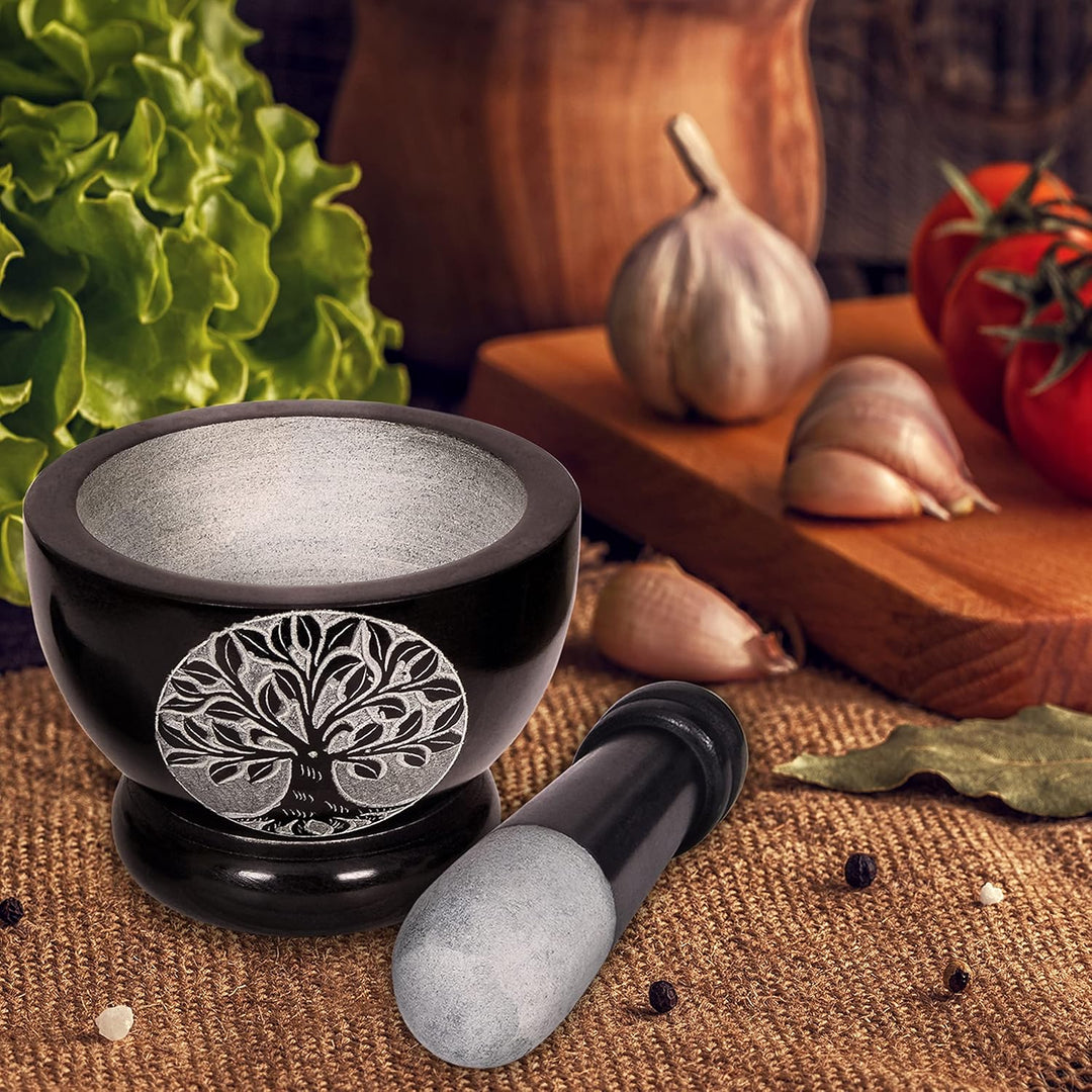 Mörser und Stössel, hergestellt aus robustem, poliertem Hartstein, Natursteinmahlwerk für Gewürze, P