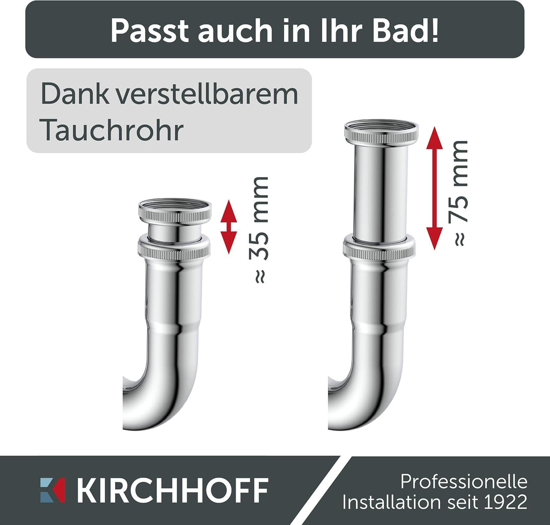 KIRCHHOFF Siphon Bidet, Siphon mit Abflussrohr und Tauchrohr passend für Bidets, Universal Syphon mi