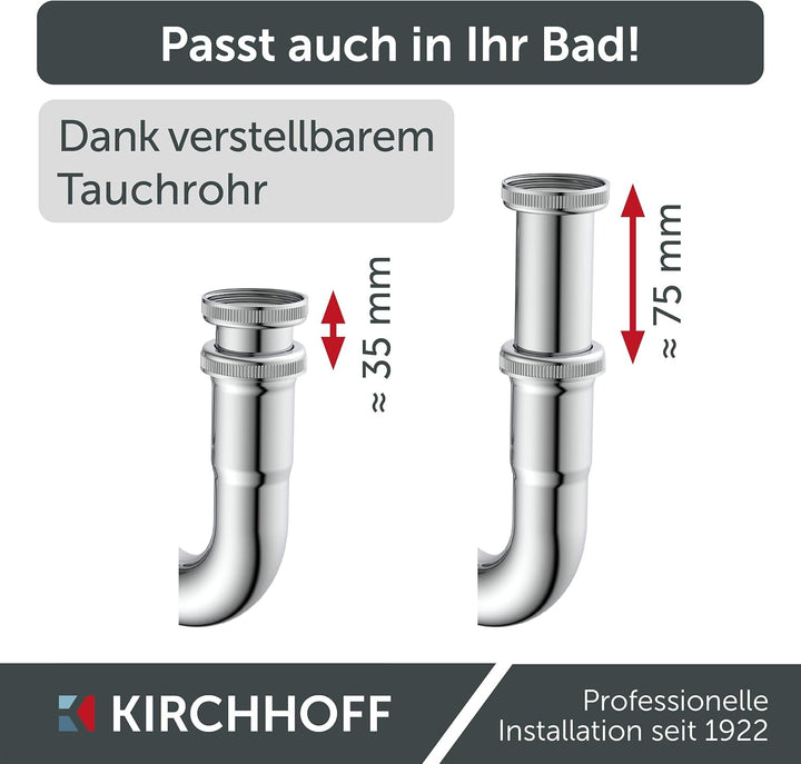 KIRCHHOFF Siphon Bidet, Siphon mit Abflussrohr und Tauchrohr passend für Bidets, Universal Syphon mi