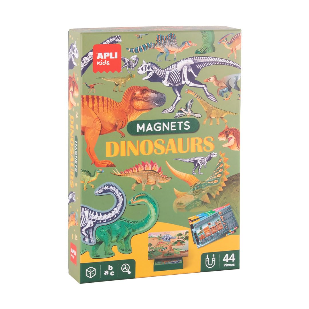 APLI Kids 20139 Magnetisches Lernspiel, Dinosaurier, Tafel mit 44 Magnetteilen und Erläuterungskarte