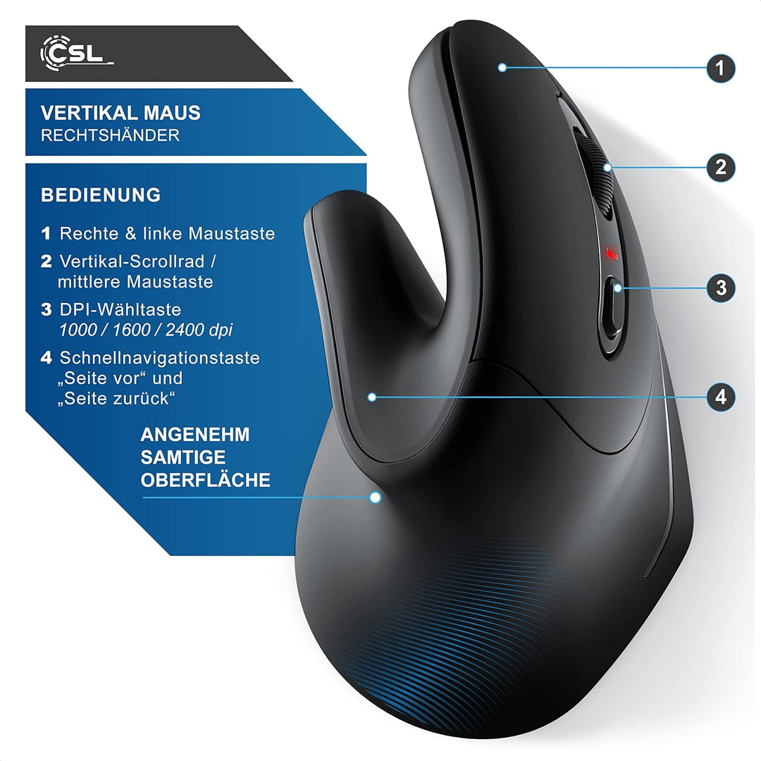 CSL – Ergonomische Kabellose Maus für Rechtshänder, Bluetooth, 1000-2400 DPI, 8 Tasten, gegen Mausar