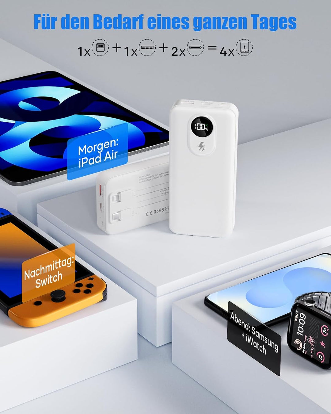 30000mAh Power Bank mit integriertem Kabel: Externer Akku mit 22,5 W Schnellladung und grosser Kapaz