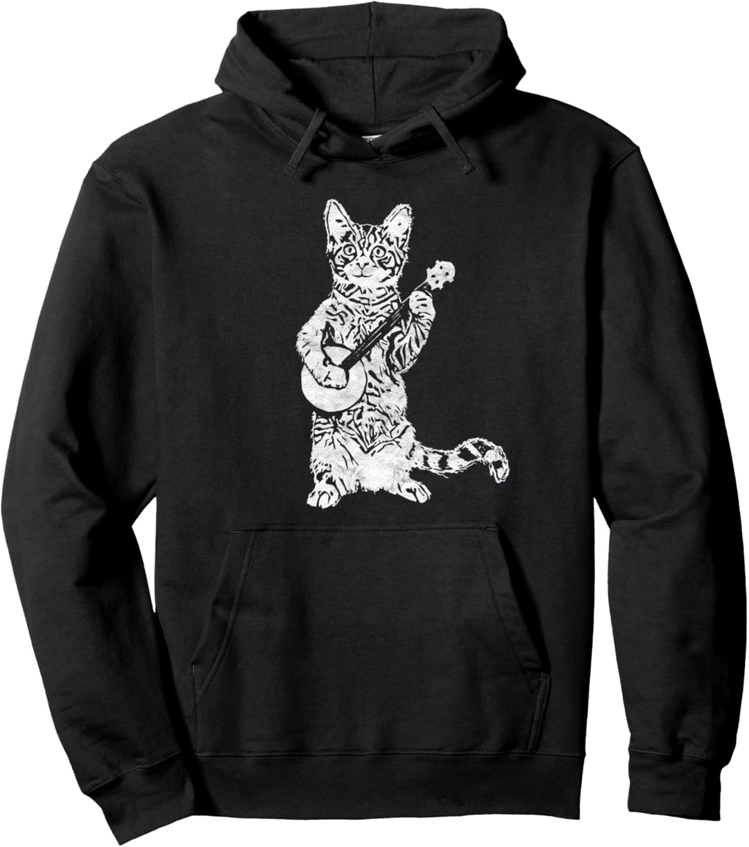 Banjo Cat - Funny Retro Style Bluegrass & Cat Lover Pullover Hoodie