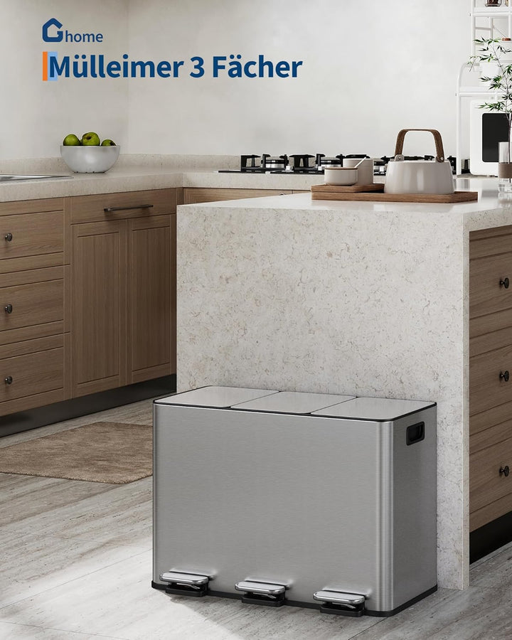 GarveeHome Mülleimer Küche, 3 x 15 L, Mülltrennsystem 3 Fächer, Edelstahl-Tretmülleimer mit Seitlich
