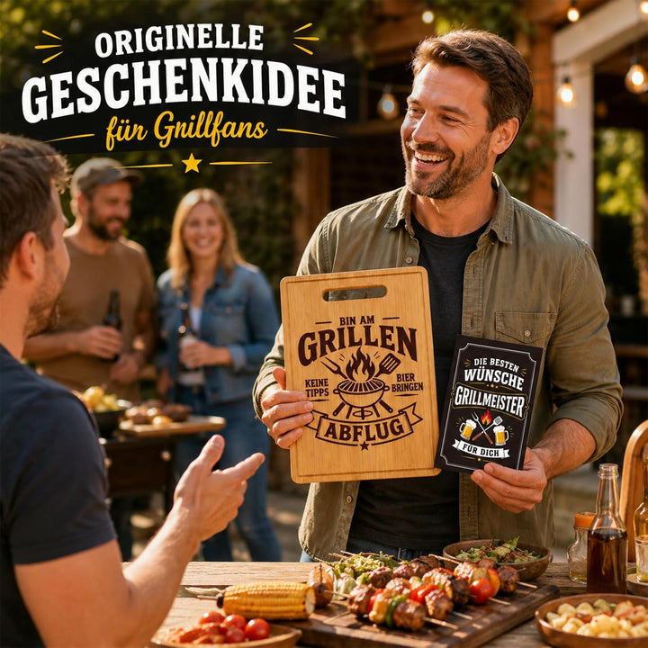 Geschenk für Männer, Bambus Grillbrett mit Grusskarte, lustiges Schneidebrett 32 x 22 x 1,5 cm, Gril