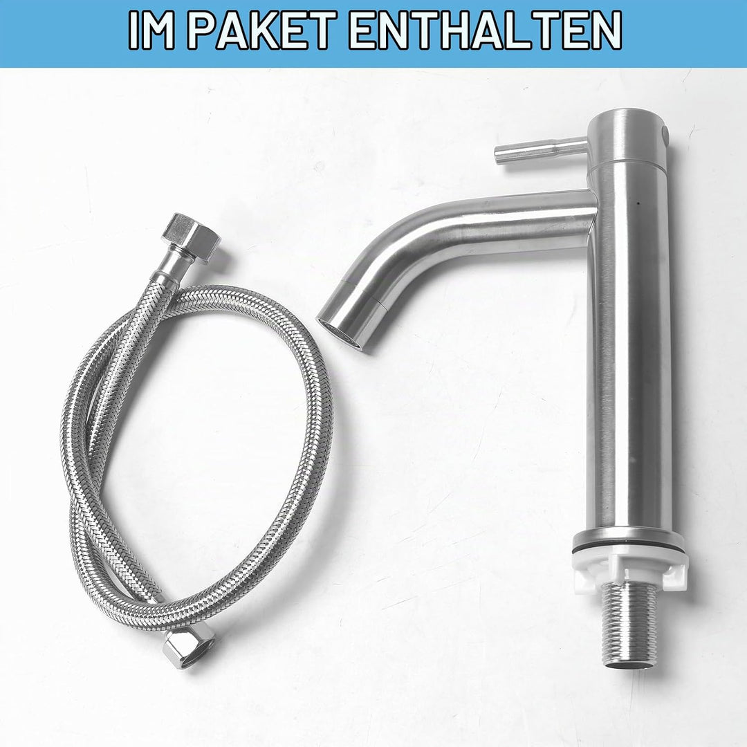 Waschtischarmatur Edelstahl Kaltwasserhahn Gäste WC mit Schlauch, Kaltwasser Armatur, Wasserhahn Bad