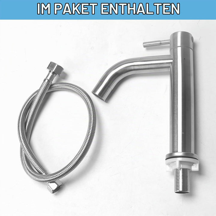 Waschtischarmatur Edelstahl Kaltwasserhahn Gäste WC mit Schlauch, Kaltwasser Armatur, Wasserhahn Bad