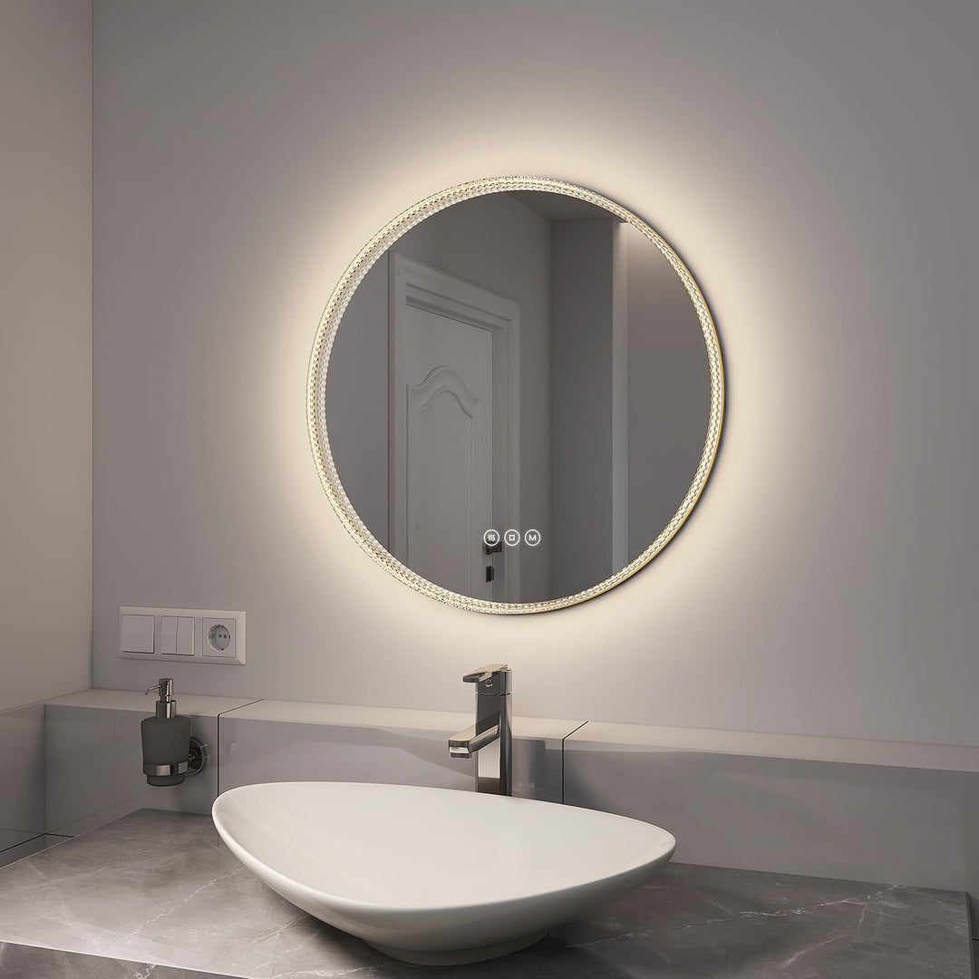 EMKE Spiegel Rund 60cm LED Badspiegel mit Beleuchtung Touch-Schalter, Dimmbar 3 Lichtfarben, Beschla