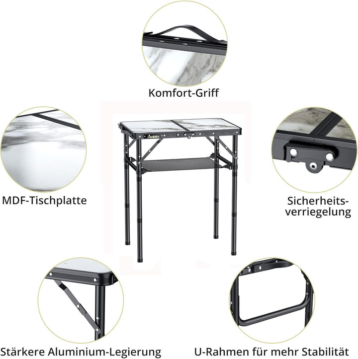Anbte Campingtisch Tragbar 58x40x70 cm aus Alu, Marmorplatte mit 3 Verstellbare Höhe, Balkontisch Bi