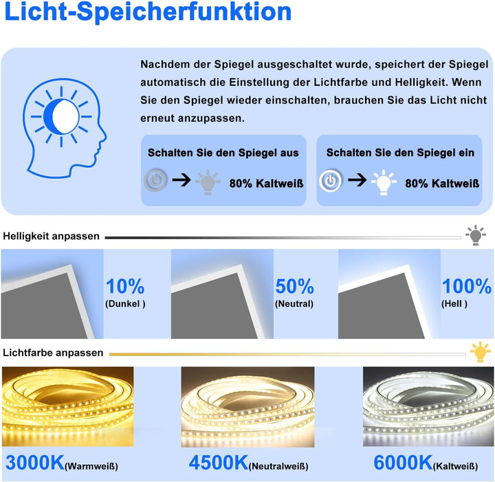 Aica Sanitär Badspiegel mit Beleuchtung 50×70cm 3 Lichfarbe dimmbar Memory Wand/Touchschalter Anti-B
