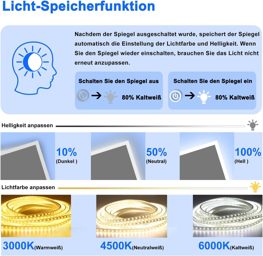 Aica Sanitär Badspiegel mit Beleuchtung 120×70cm 3 Lichfarbe dimmbar Memory Wand/Touchschalter Anti-