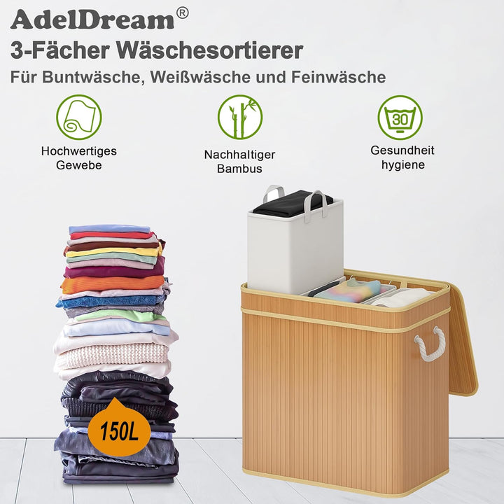 AdelDream Wäschekorb 150L Bambusoptik mit Deckel & Griffen, 3-Fach Wäschesammler Faltbar, Wäschebox