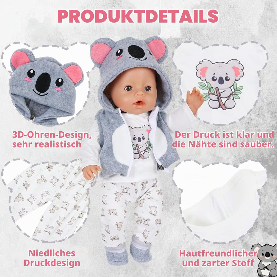 4 Stück Puppenkleidung für 14-18 Zoll Puppen, Tier Koala Kleidung Outfits 43cm mit Kapuzenweste Klei