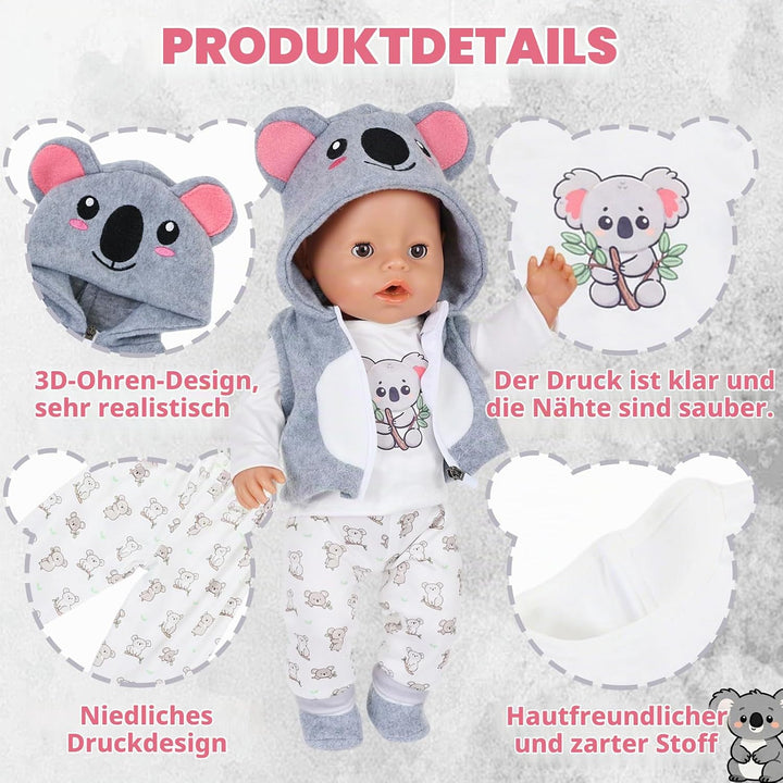 4 Stück Puppenkleidung für 14-18 Zoll Puppen, Tier Koala Kleidung Outfits 43cm mit Kapuzenweste Klei