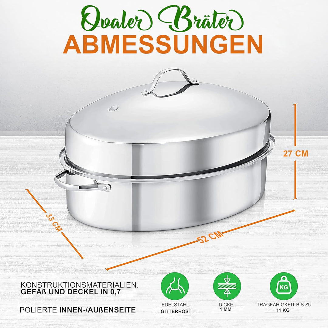 Nutrichef Bräter, Bräter Gusseisen, 50 cm- Bräter mit Deckel Backofengeeignet, Bräter Induktion, Sch