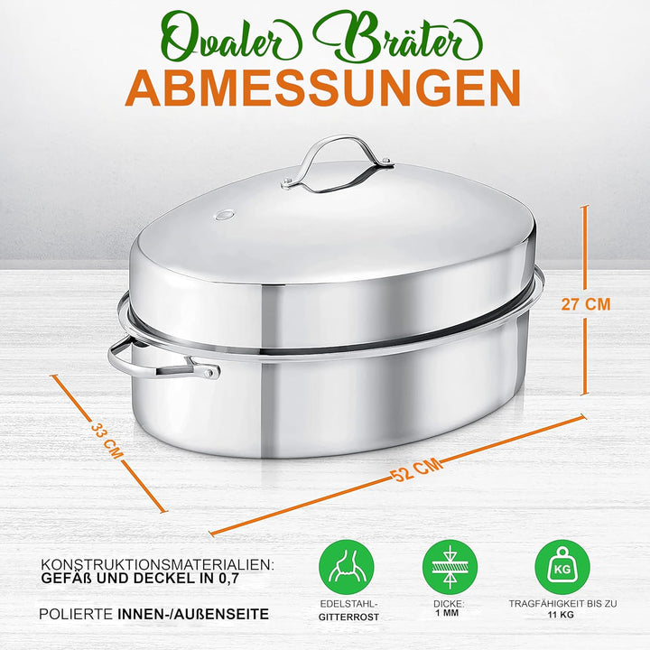 Nutrichef Bräter, Bräter Gusseisen, 50 cm- Bräter mit Deckel Backofengeeignet, Bräter Induktion, Sch