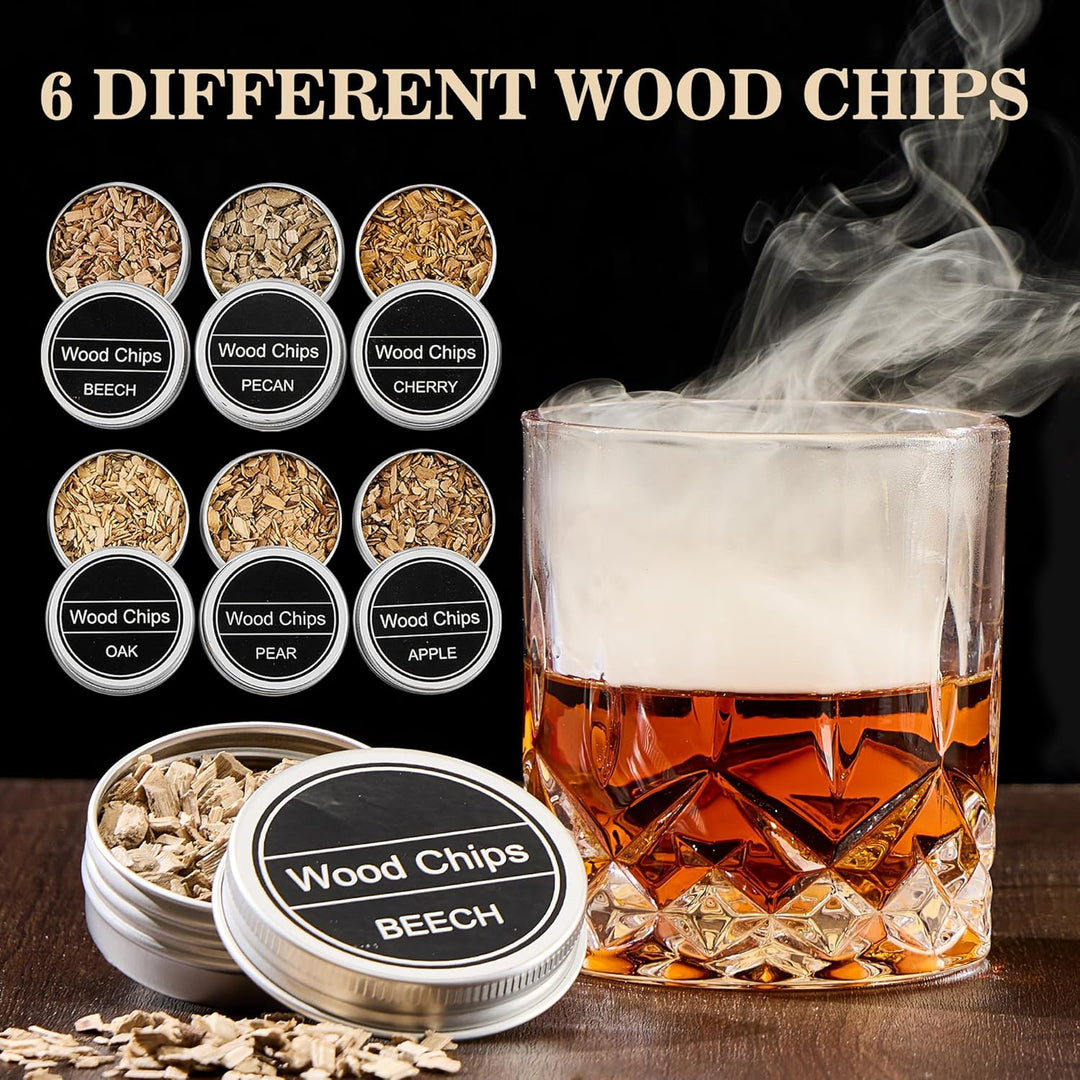 Cocktail Smoker Set – Whiskey Räucher-Set mit 6 Holzsorten & Taschenlampe – Rauchgenerator für Cockt