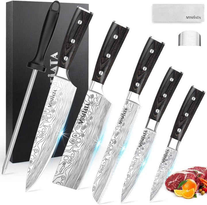 MOSFiATA Küchenmesser Set 5pcs, Kochmesser aus Hochwertigem Carbon Edelstahl, 7 "Nakiri -Messer, 5"