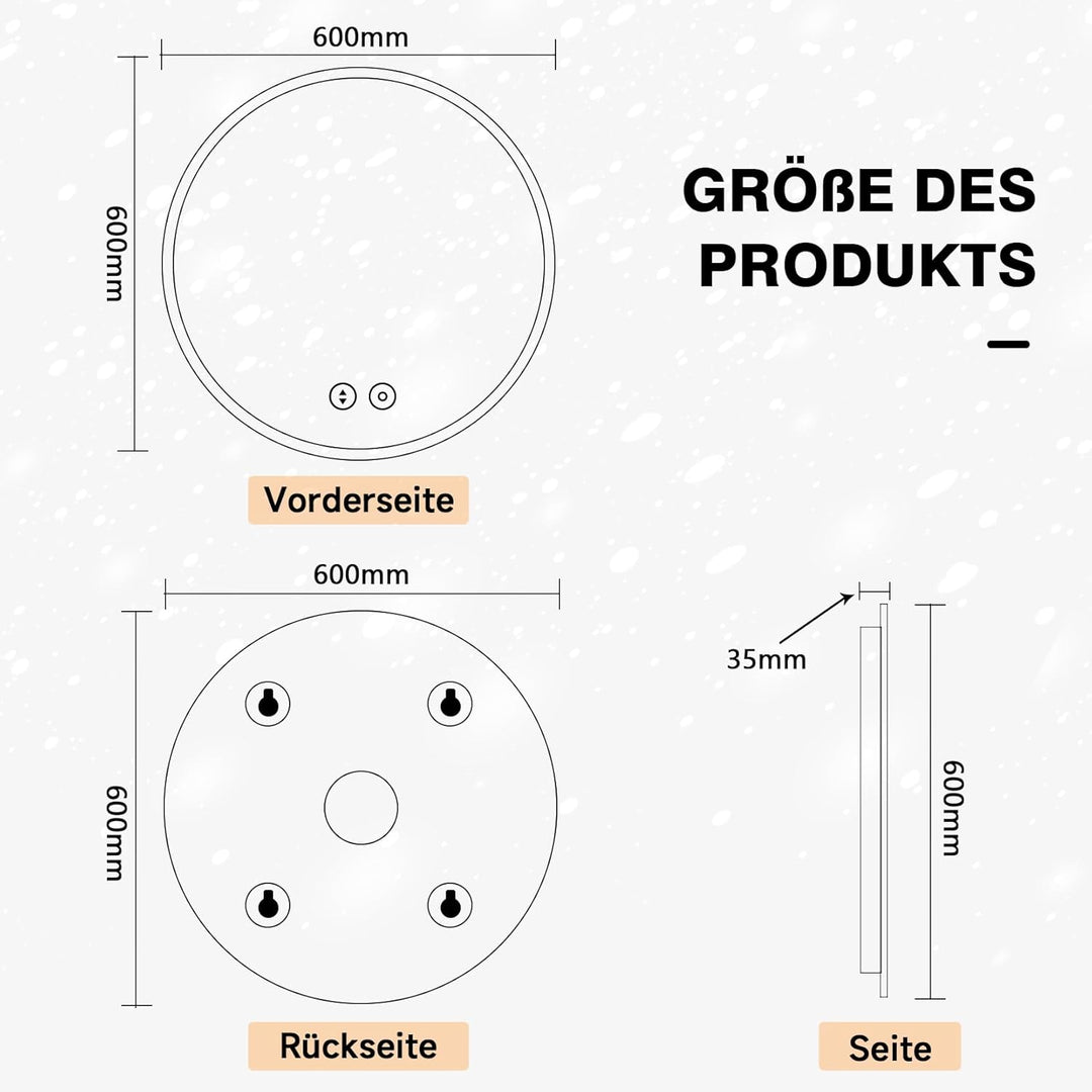 YOLEO Runder Badspiegel mit LED-Beleuchtung, Wandspiegel 60*60cm, Badzimmer Spiegel mit Touchschalte