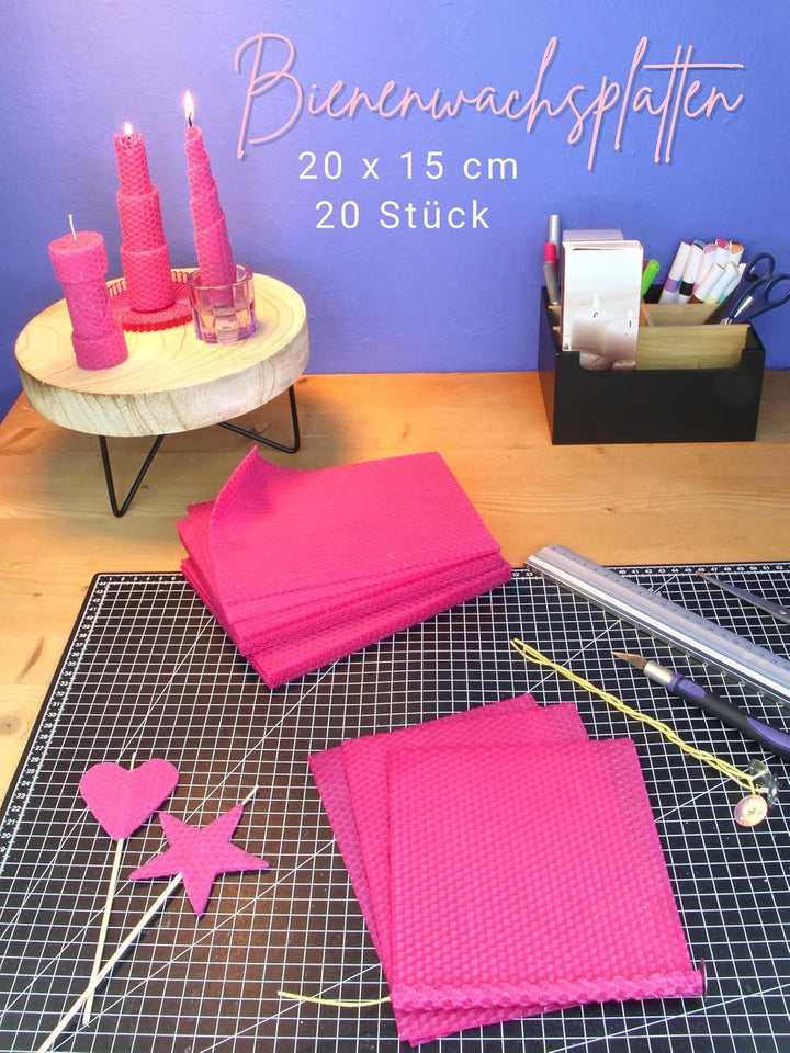 Wachsmann 20 Bienenwachsplatten aus Deutschland, pink, Wachsplatten 20 x 15 cm, Bienenwachs Kerzen s