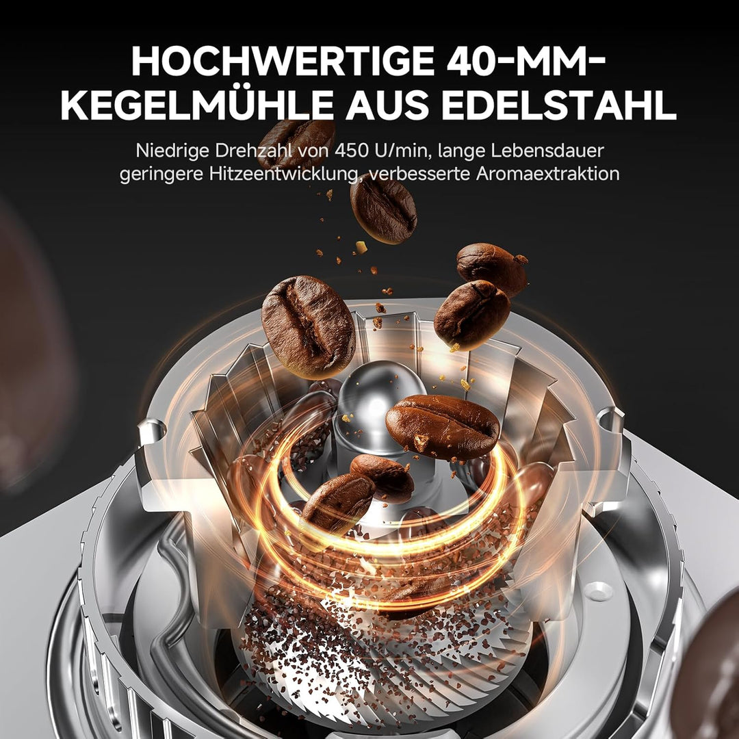 AMZCHEF Elektrische Kaffeemühle mit 45 Mahlgraden, Espresso-Mühle mit höhenverstellbarem Siebträgers
