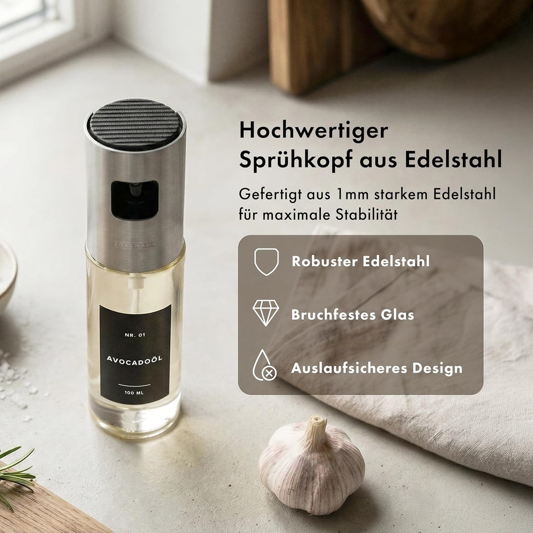 Ölsprüher 2er Set - Hochwertige Öl-Sprühflasche aus Edelstahl & Glas, für gesundes Kochen I Sprüher