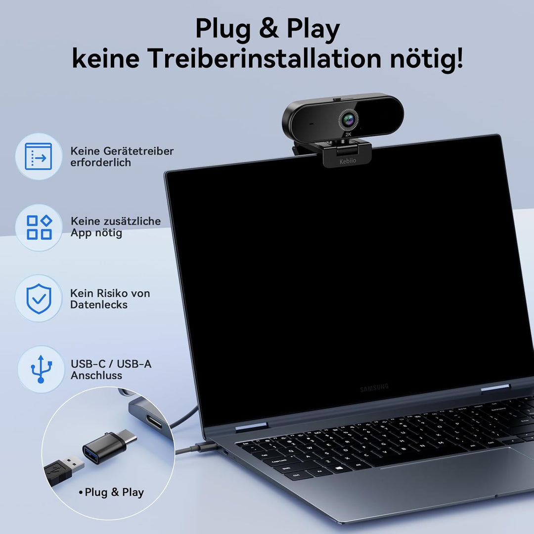 Webcam 2K, USB A/C Webcam mit Mikrofon für PC, Streaming Kamera mit Autofokus, 90°Ansicht, Plug & Pl