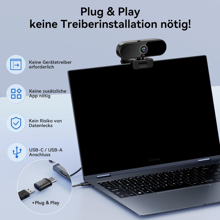 Webcam 2K, USB A/C Webcam mit Mikrofon für PC, Streaming Kamera mit Autofokus, 90°Ansicht, Plug & Pl