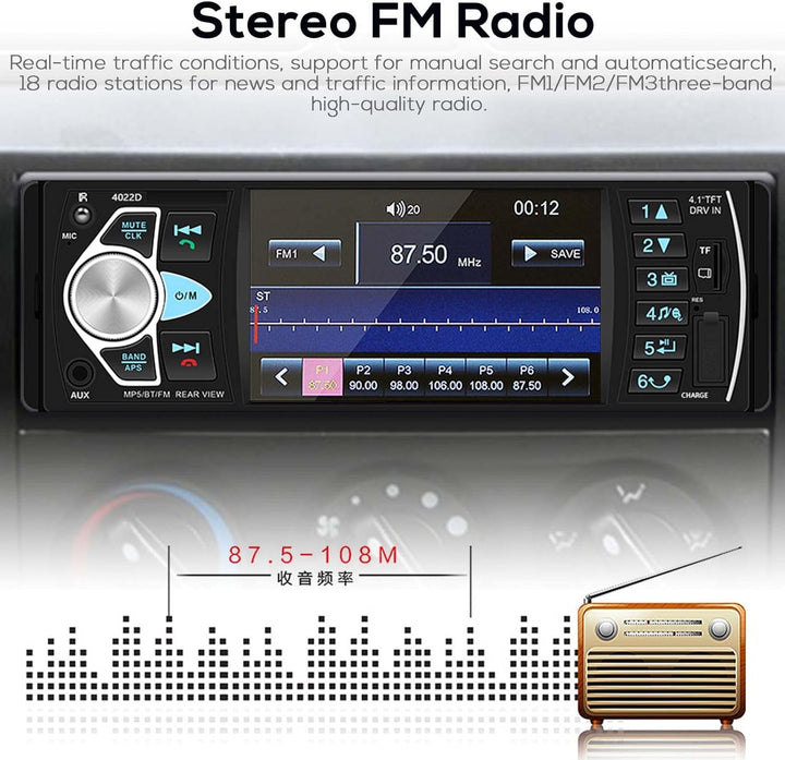 Podofo 1 Din 4.1 Zoll HD Bildschirm Autoradio mit Bluetooth Freisprecheinrichtung/ USB/ FM / SD/ AUX